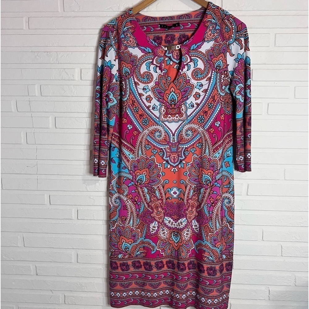 Tiana B Pink Colorful Geometric 3/4 sleeve Mini Dress, Womenβs Size Medium